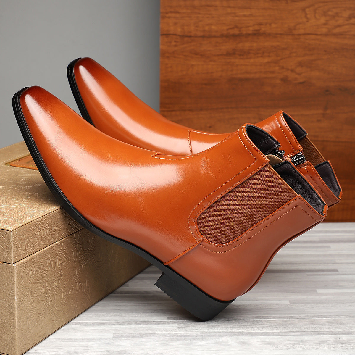 SHOWLU Men's retro brown ankle boots with side zipper and PU leather construction, stylish and comfortable for casual wear.