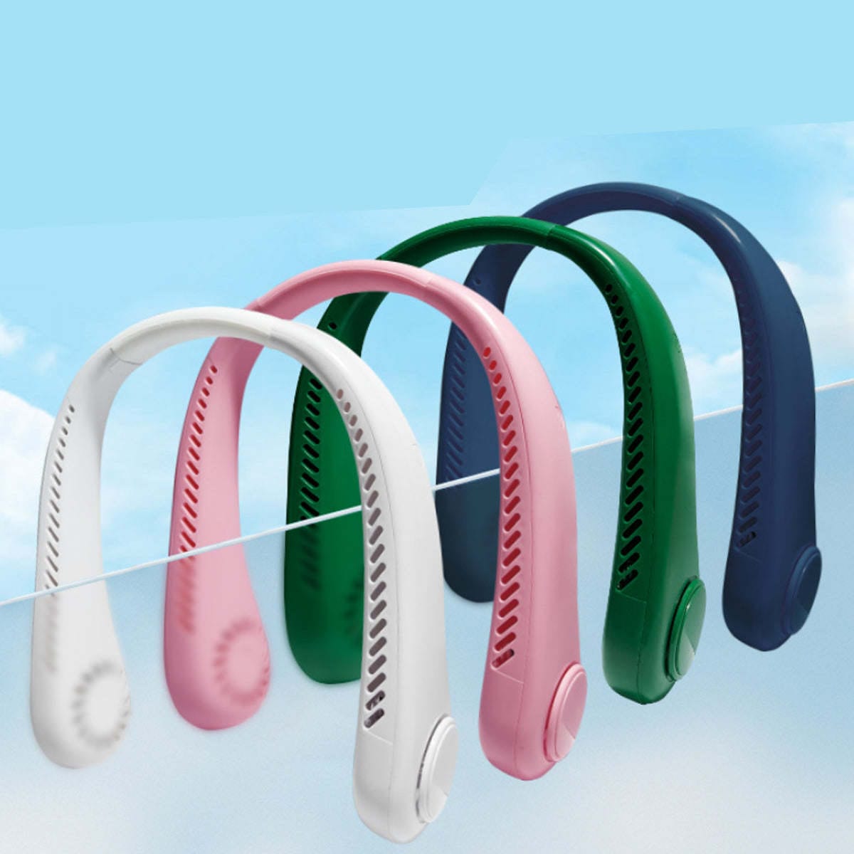 Doba bladeless neck fan worn around the neck, portable USB rechargeable hands-free fan for cooling and personal comfort.