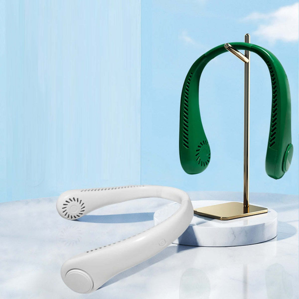 Doba bladeless neck fan worn around neck, portable USB rechargeable hands-free fan for cooling and comfortable wear.