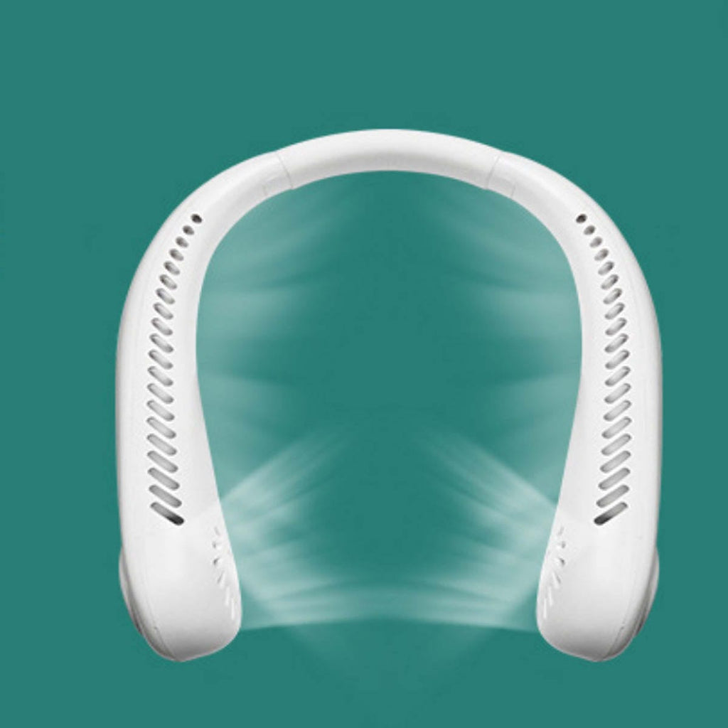 Doba bladeless neck fan worn around neck, portable USB rechargeable hands-free fan for cooling and personal comfort.