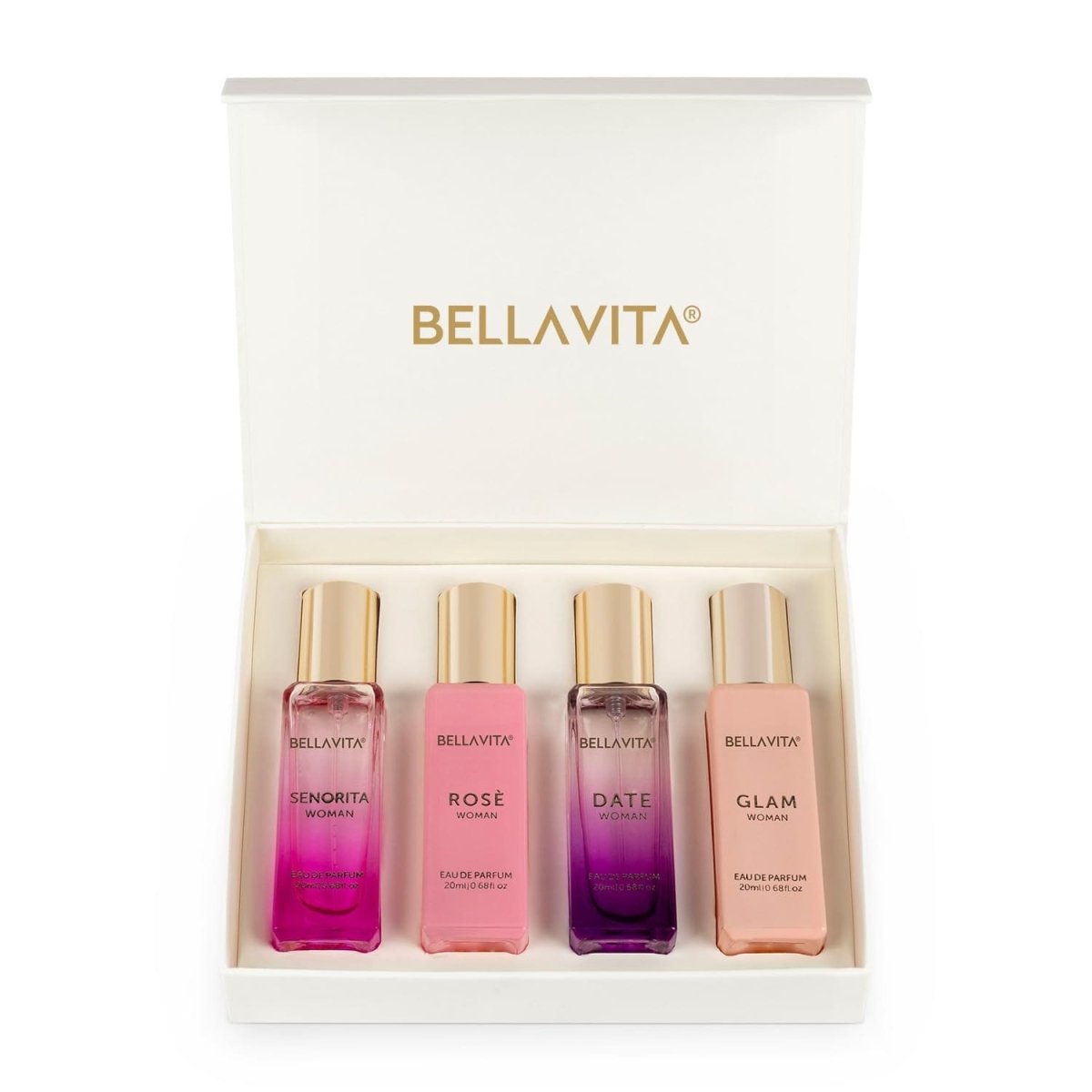 SHOWLU FASHION Women's Eau De Parfum Set with four 20mL bottles featuring floral, musk, rose, vanilla, and sweet scents.