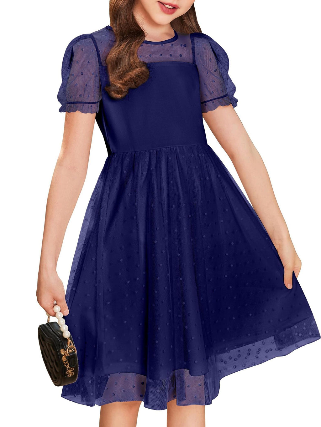 SHOWLU Girls mesh puffy short sleeve A-line party dress with knee length, featuring a stylish and comfortable design.