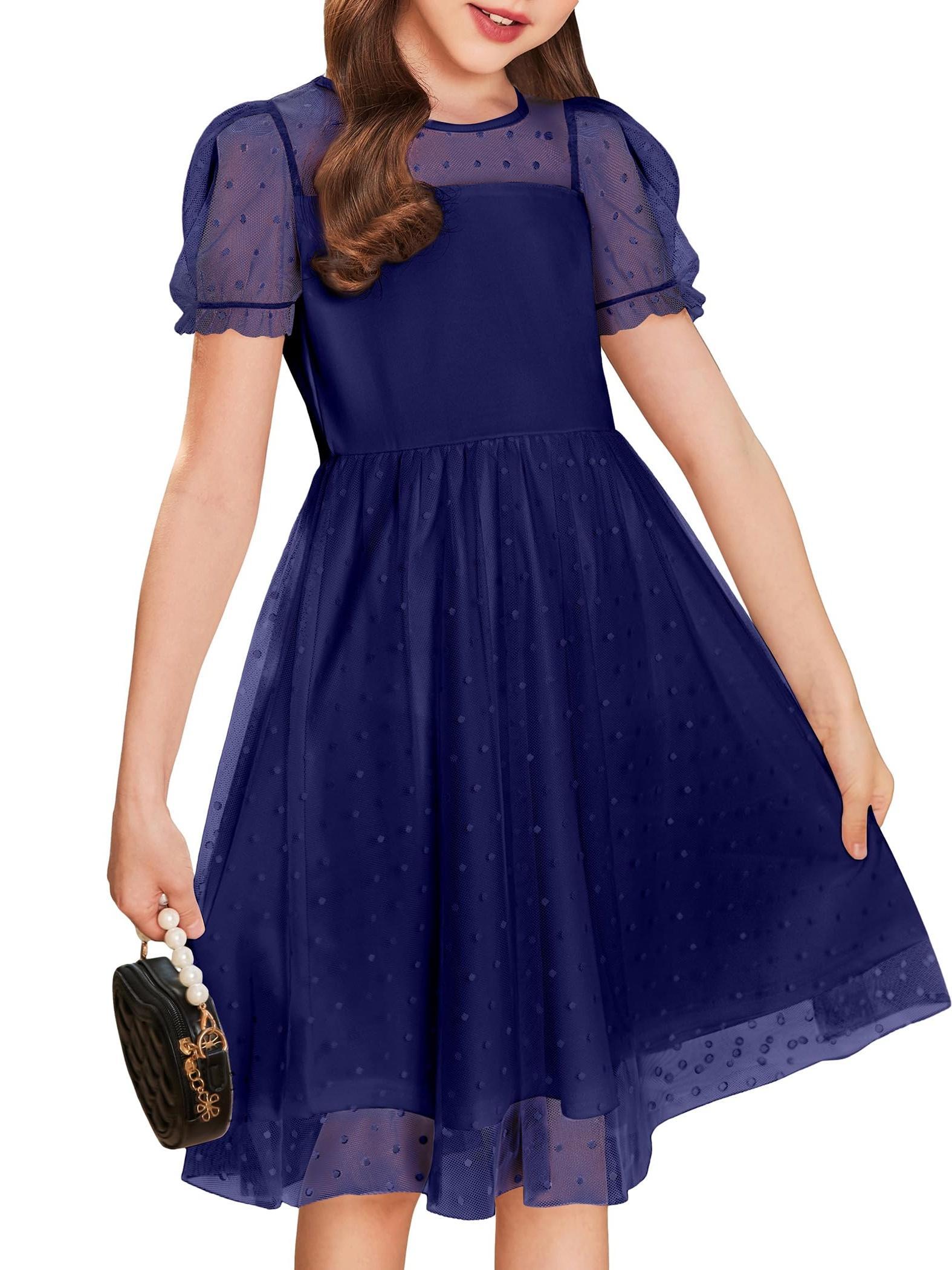 SHOWLU Girls mesh puffy short sleeve A-line party dress with knee length, featuring a stylish and comfortable design.