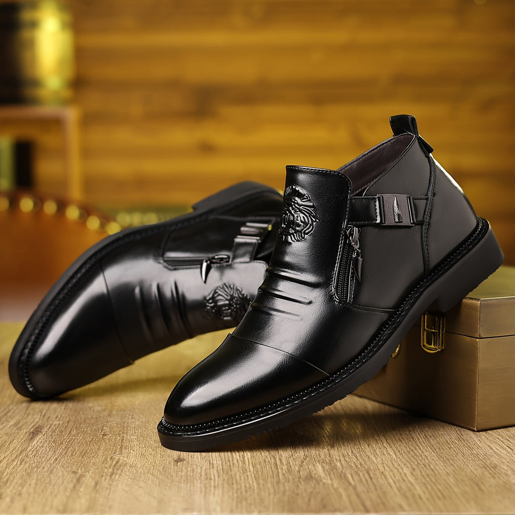 Black embossed lion ankle boots for men in glossy PU leather from SHOWLU FASHION STORE, featuring a stylish and bold design.