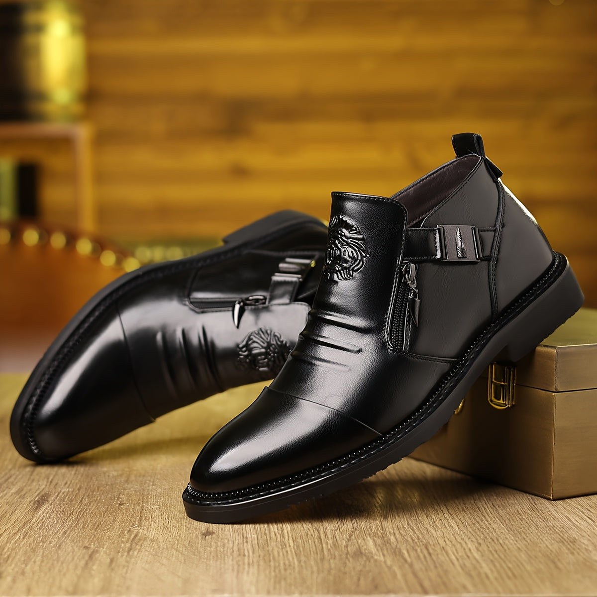 Black embossed lion ankle boots for men in glossy PU leather from SHOWLU FASHION STORE, featuring a stylish and bold design.