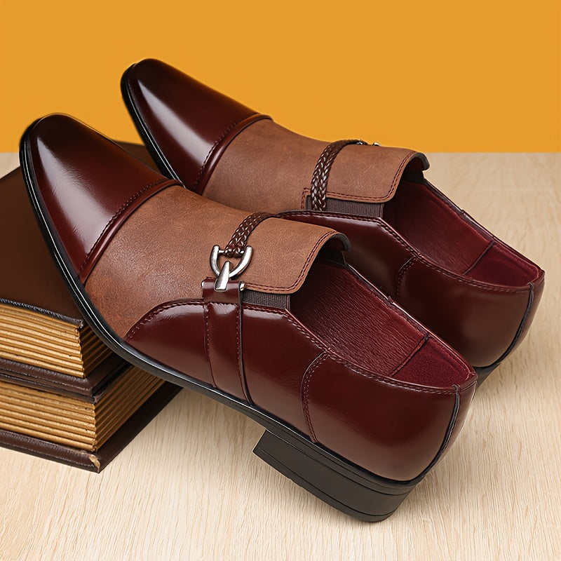 Men's pointed toe slip-on dress shoes by Showlu Fashion, made of PU leather with sleek, polished appearance for business attire.