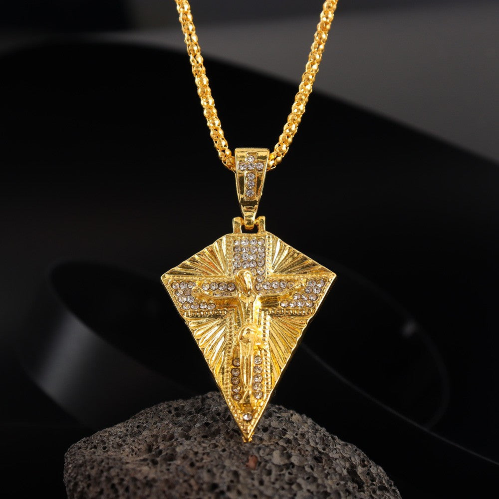 Showlu Retro Hip Hop Cross Pendant Necklace in zinc alloy, vintage jewelry design, showcasing detailed cross pendant on chain.
