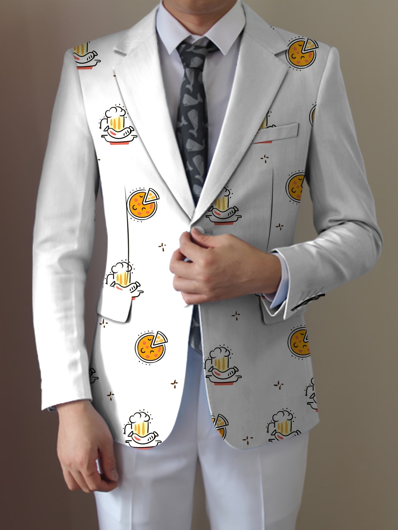 SHOWLU Men's casual food cartoon blazer with regular fit, lapel suit jacket featuring colorful food-themed print and lapel collar.