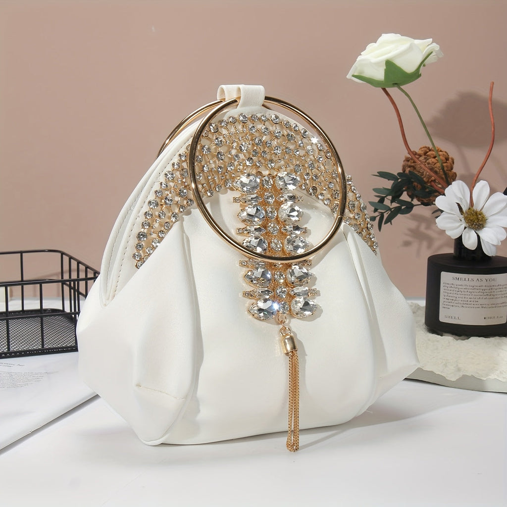 White PU PIDE Rhinestone schoolbag clutch with chain strap, stylish crossbody bag featuring sparkling rhinestone details.
