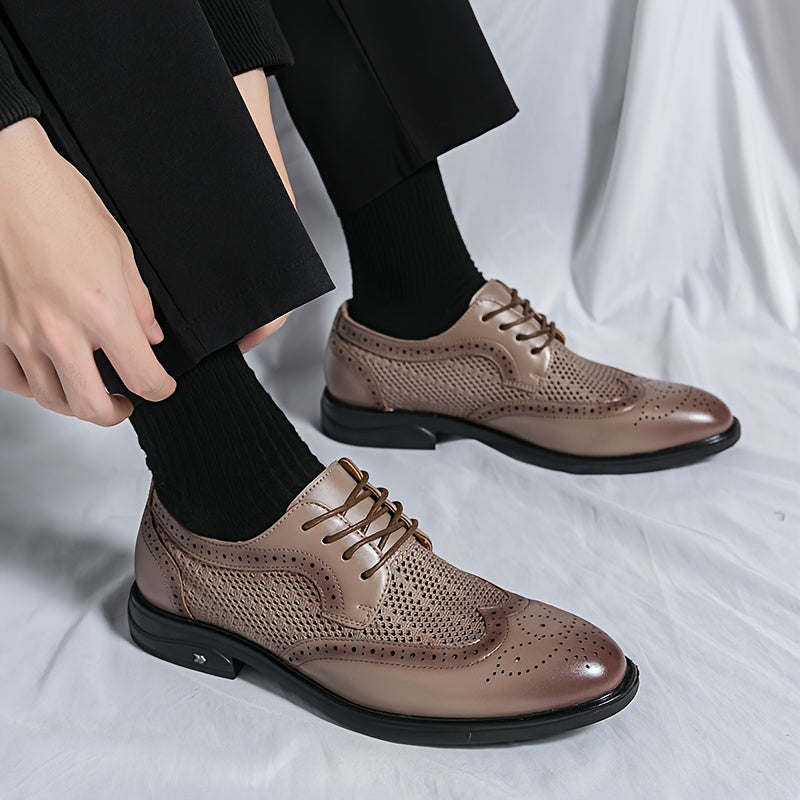 Showlu Men's hollow-out business shoes with pointed toe, breathable design, black leather, and stylish formal footwear.
