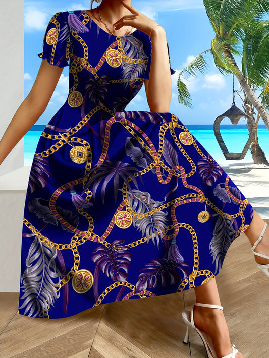 Women's Tropical Chain Print A-Line Dress - Vibrant Blue & Golden Palm Leaf Design, Round Neck Short Sleeve, Flared Hem, Medium Stretch, Hand Wash Only for Resort Wear & Casual Outings, Tropical Dress