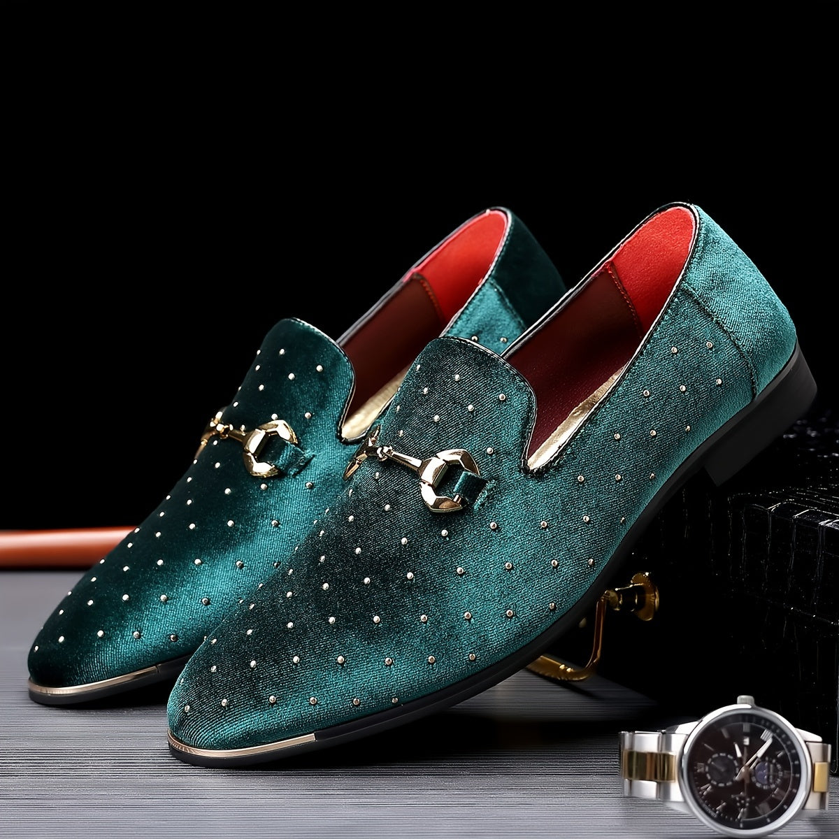 SHOWLU FASHION men's horsebit loafers with rhinestone glitter detail, stylish dress shoes for formal or fashionable occasions.