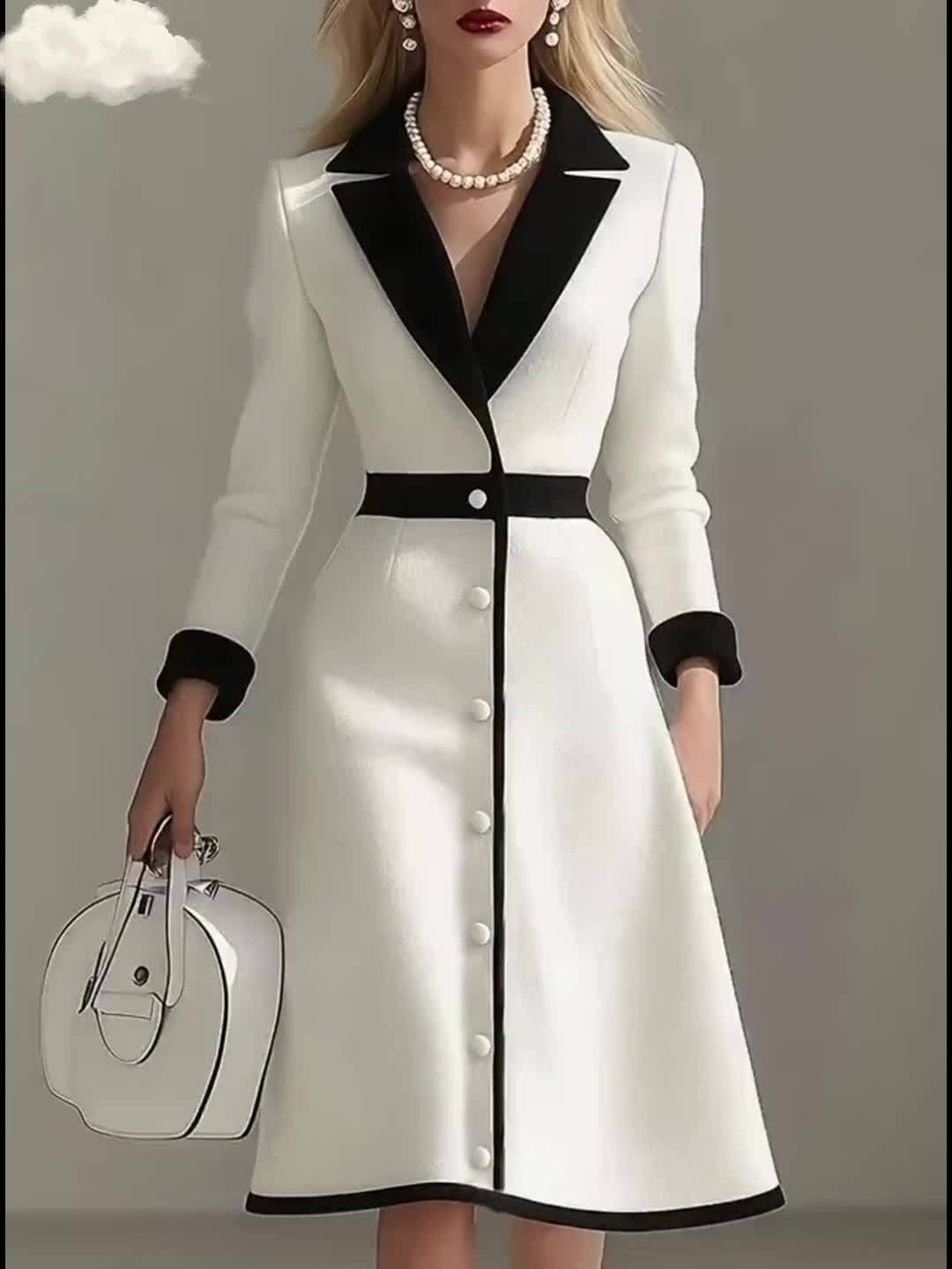 SHOWLU Women's Elegant Color-Block Midi Dress with long sleeves and lapel collar, showcasing stylish fashion and vibrant color blocks.