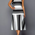 SHOWLU FASHION women's printed off-shoulder sleeveless polyester dress displayed on a hanger with floral patterns and ruffled details.