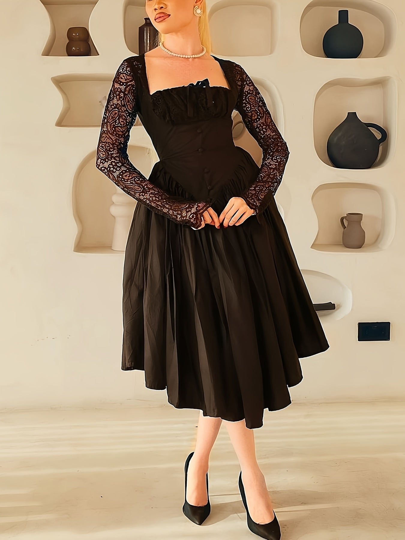 Women's square neck lace stitching long sleeve party dress by Showlu Fashion, featuring elegant design and stylish details.