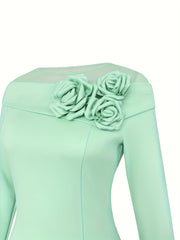 [Mint Green Dress] Polyester Elegant Mint Green Off-Shoulder Long Sleeve Bodycon Dress | Floral Embellishments, Perfect for Adult Women, All-Season Wear, Formal Evening Gown