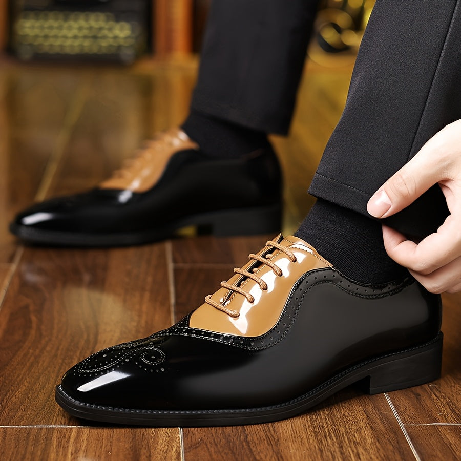 Showlu Fashion men's lace-up wedding shoes in casual round toe PU leather with stylish design and polished finish.