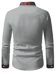 Men's Tribal Ethnic Print Long Sleeve Dress Shirt - 100% Polyester, Classic Collar & Button-Up Front, Machine Washable, Spring/Fall Casual to Formal Wear