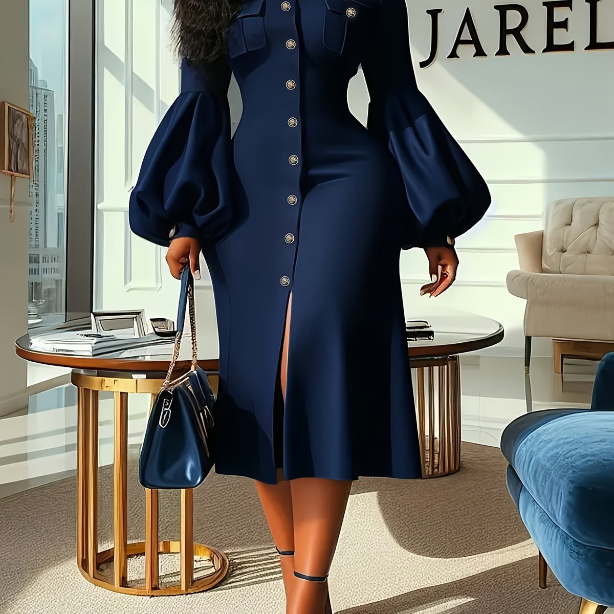 Elegant Navy Blue Long Dress for Women - Slim Fit, V-Neck, Lantern Sleeves with Button Detail, Perfect for Spring/Fall, Stylish Button-Up Dress|Sleek Fitted Dress|Polyester Fabri