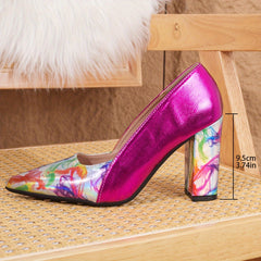 Elegant High Heels: Bold Green And Colorful Abstract Design, Pointy Toe, Chunky Heel, Non-Slip Sole, Perfect for Fashionable Occasions