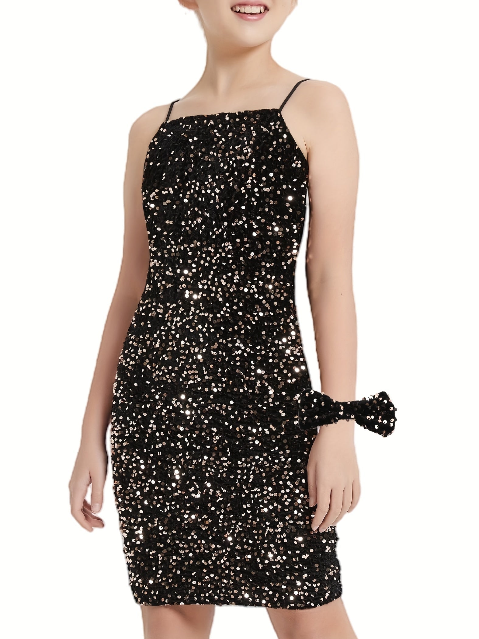 Black sequin velvet bodycon mini dress for girls with party bow detail by SHOWLU FASHION STORE