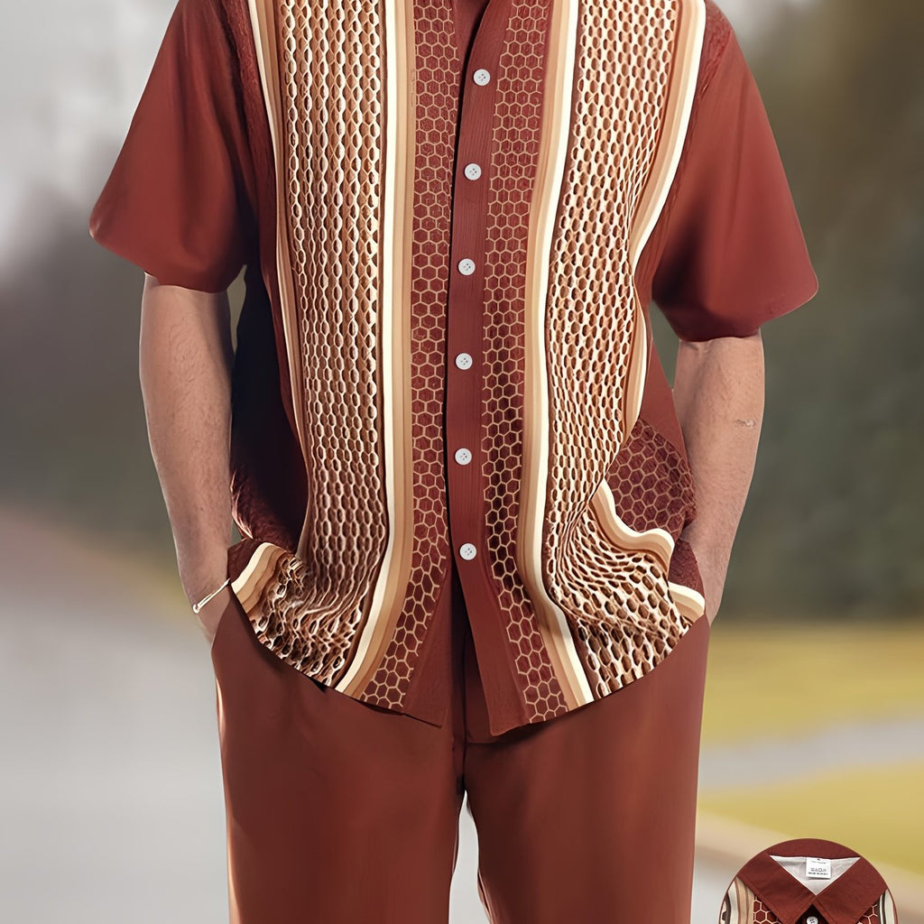 SHOWLU Men's geometric print retro outfit set featuring a loose casual shirt and matching pants in vibrant patterns.
