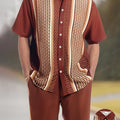 SHOWLU Men's geometric print retro outfit set featuring a loose casual shirt and matching pants in vibrant patterns.