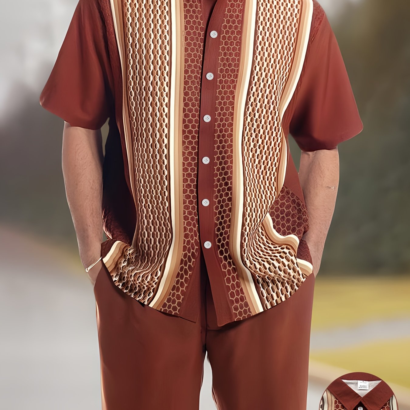 SHOWLU Men's geometric print retro outfit set featuring a loose casual shirt and matching pants in vibrant patterns.