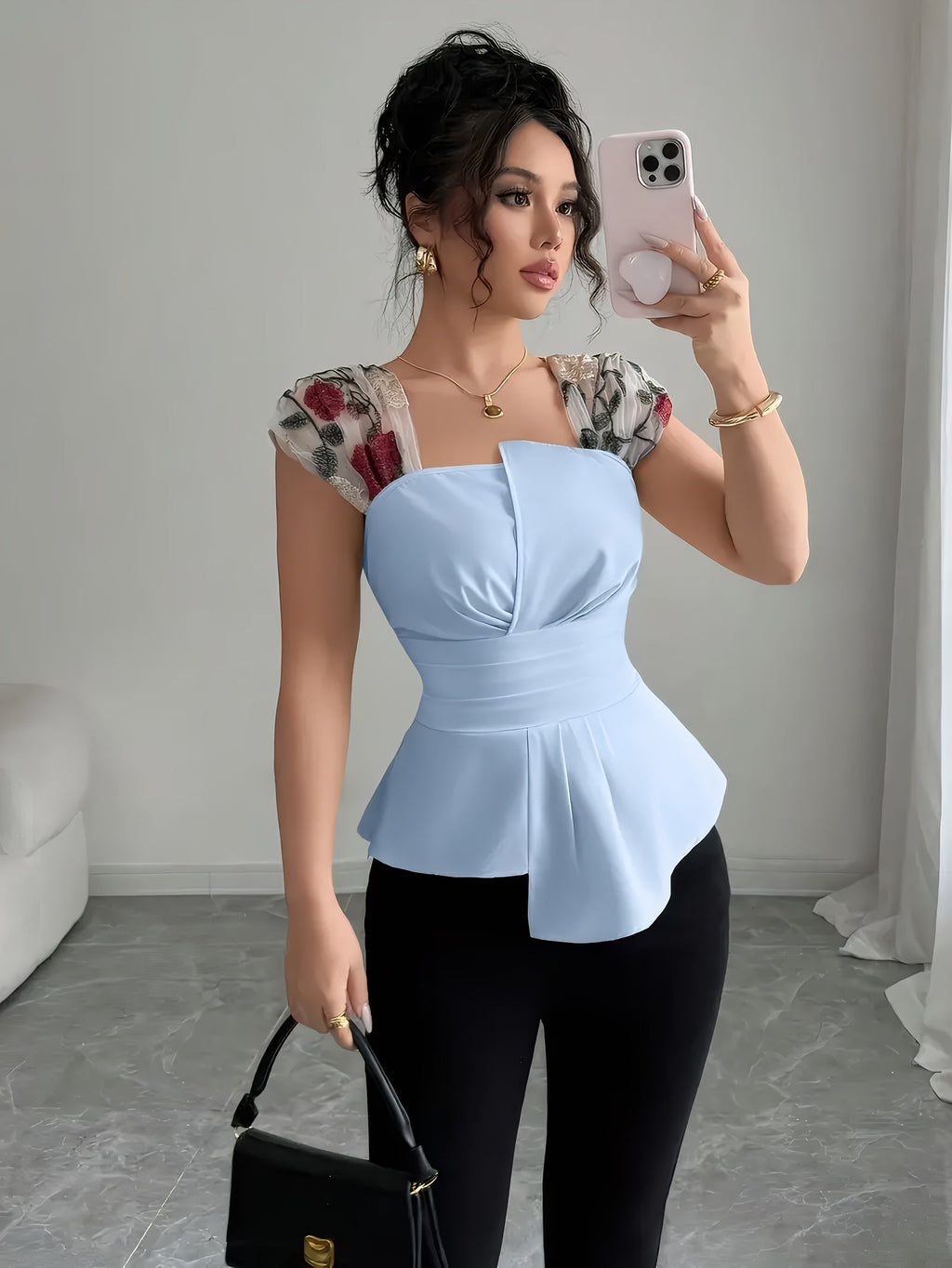 SHOWLU Women's floral square neck sleeveless blouse, elegant summer top with vibrant floral pattern and feminine design.