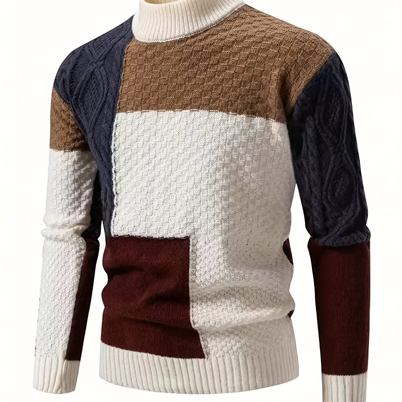 Men's Korean Style color block knit pullover by SHOWLU FASHION STORE, loose fit acrylic sweater with bold color blocking design.