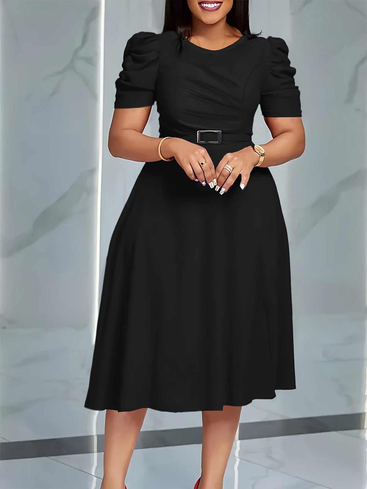 Red SHOWLU Women's V-Neck Ruffle Hem A-Line Polyester Dress with elegant flowy design and ruffle details.