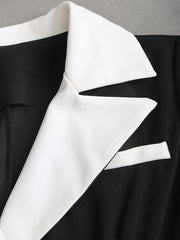 Elegant Black and White V-Neck Dress with Belt and Pockets - Slim Fit, Long Sleeve, Two-Tone Design for Women, Perfect for Fall/Winter Commute, Stylish Commuter Dress | Belted Waist Dress | Tailored Fit Dress