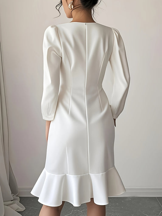 Women's Elegant Slim Fit Long Sleeve Dress - Soft Light Beige-Friendly Fabric, Back Zipper Closure, Round Neck, Solid Color, Machine Washable for Autumn/Winter Indoor & Outdoor Wear, Formal Attire, Comfortable Fashion