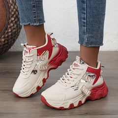 New Women's 2025 Spring/Summer Outdoor Sports Shoes - Height-Enhancing Thick Sole, High Quality Synthetic Leather Upper, Breathable Fabric Lining & Non-Slip PVC Outsole for Running, Hiking, Casual Wear - Beige/Red Colorway, L