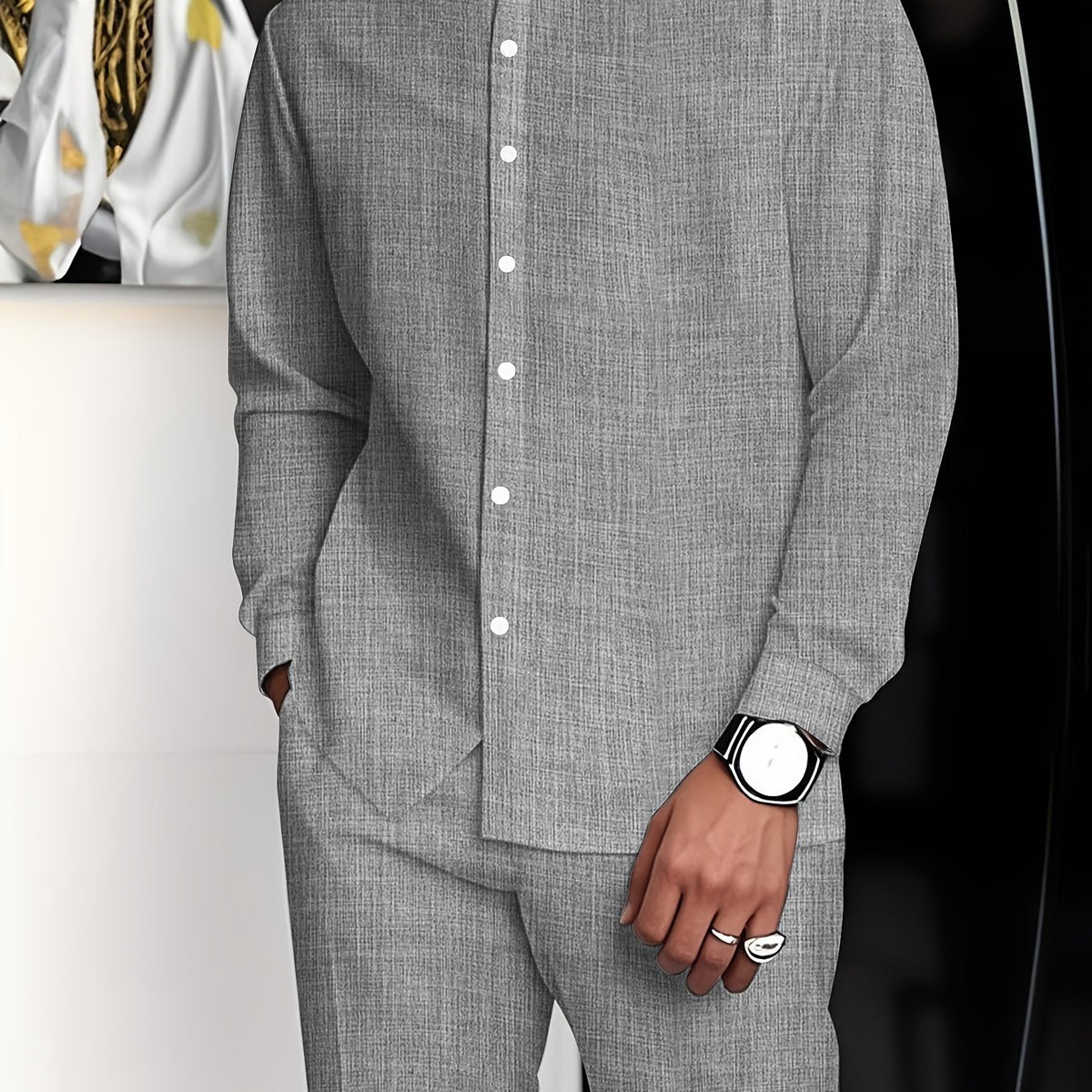 Men's minimalist Business Suit, Featuring a Stand Collar Long-Sleeved Button-Up Shirt and Straight-Cut Pants, with Solid Color and Simple Design, Exuding a Minimalist and Elegant Charm, Suitable for Business Meetings and Casu