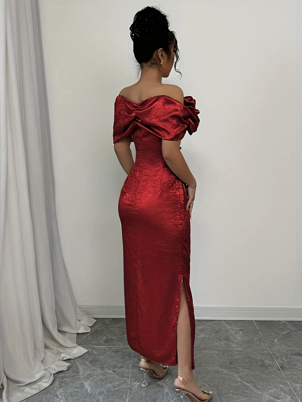 Red SHOWLU FASHION off-shoulder bodycon maxi dress with a low slit, fitted silhouette, and elegant style for formal or evening wear.