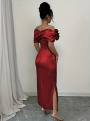 [Elegant Bodycon Dress] Red Women's Elegant Off-Shoulder Bodycon Maxi Dress | Ruching Detail, Low Slit, Waist-Cinching, Perfect for Spring/Summer Events, Formal Event Attire