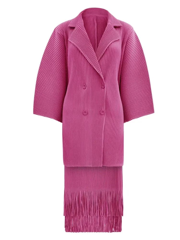EGRM 2024 Autumn New Designer Pleated Suit Solid V - Neck Batwing Sleeve Casual Tassel A - line Skirt Women Two Piece Sets 6G0319 - SHOWLU FASHION STORE