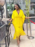EGRM Women's pleated two-piece set with V-neck, batwing sleeves, and A-line skirt, featuring a solid design and tassel details.