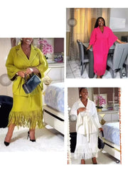 EGRM 2024 Autumn New Designer Pleated Suit Solid V - Neck Batwing Sleeve Casual Tassel A - line Skirt Women Two Piece Sets 6G0319 - SHOWLU FASHION STORE