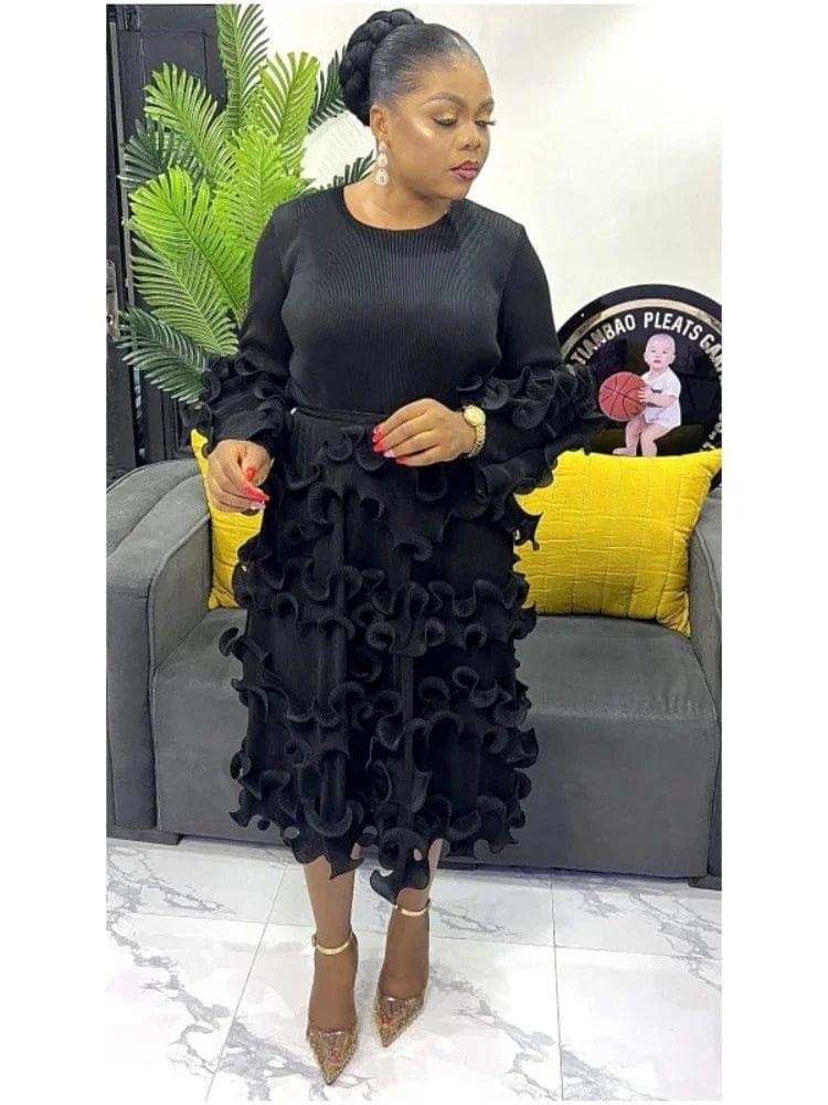 EGRM Pleated Miyake Dress by SHOWLU FASHION STORE featuring long sleeves, round neck, solid mid-calf length, elegant women's dress