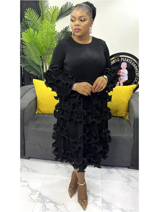 EGRM Belt Pleated Miyake Dress Fashion Round Neck Long Sleeves Fungus Spliced Solid Elegant Dresses for Women 2024 New 5GR2974 - SHOWLU FASHION STORE