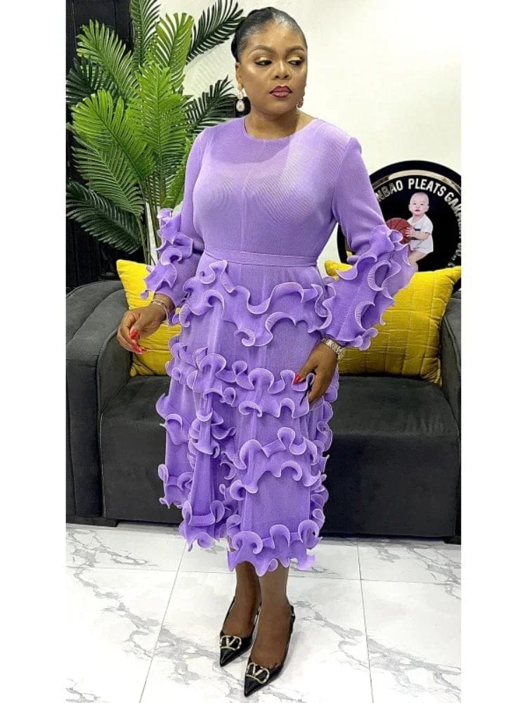 Elegant SHOWLU FASHION Miyake dress with pleats, long sleeves, and round neck, featuring a solid mid-calf design for women.