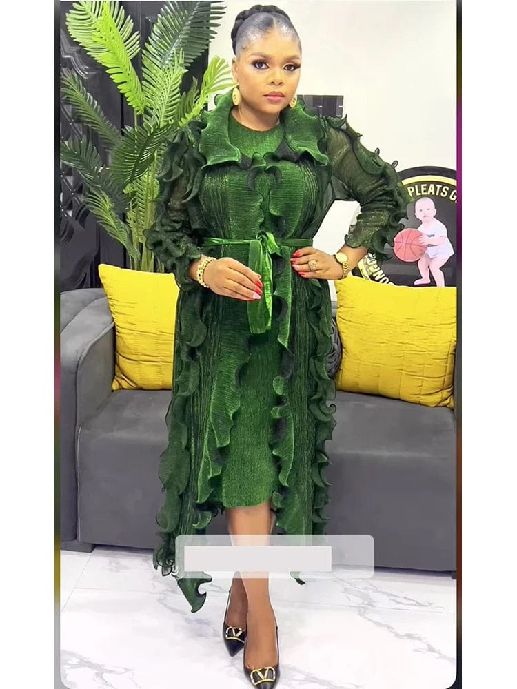 EGRM Miyake pleated 2-piece set with ruffle coat and slim high-waist pants, featuring long sleeves, stylish women's autumn fashion