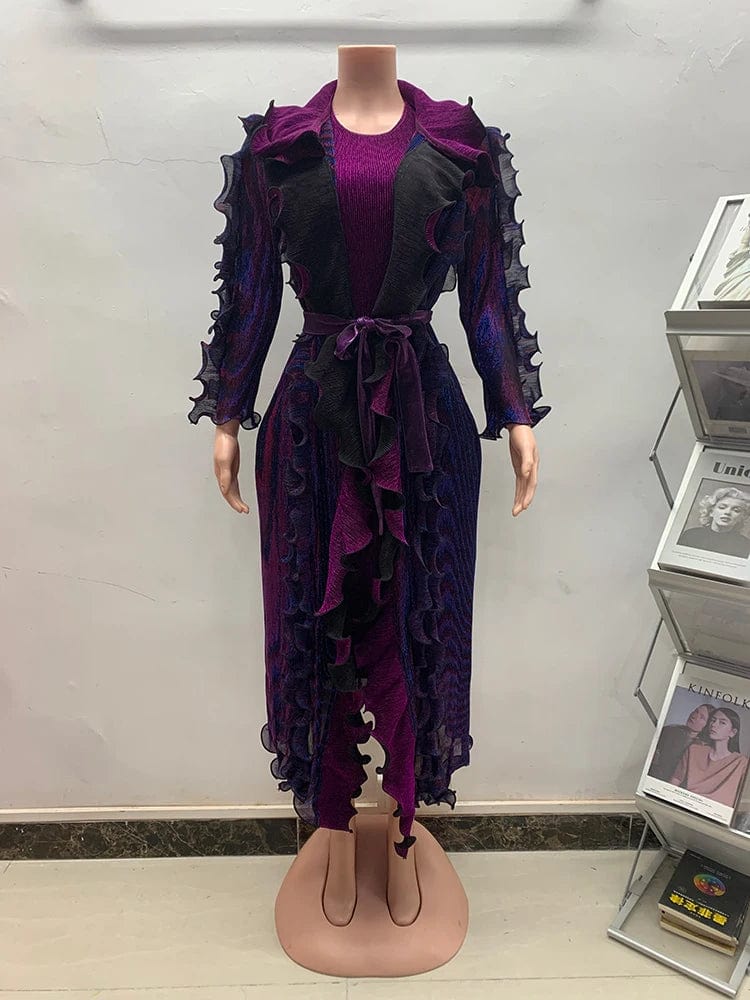 EGRM Miyake pleated 2-piece set with ruffle coat and high waist slim pants, stylish autumn women's fashion by SHOWLU FASHION STORE
