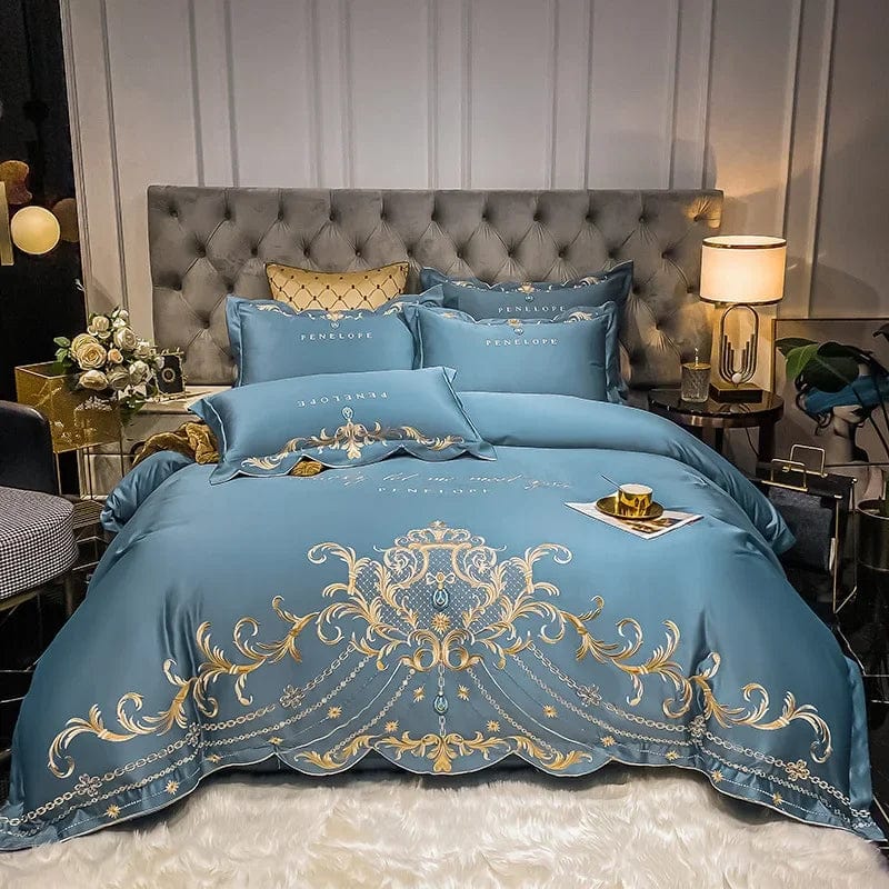 Egyptian cotton bedding set with golden embroidery, duvet cover and sheets, soft and luxurious for king or queen size beds.