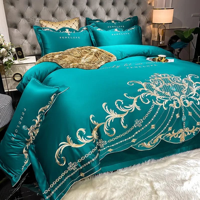 Egyptian cotton bedding set with golden embroidery, SHOWLU FASHION STORE duvet cover and sheet set in king and queen sizes.