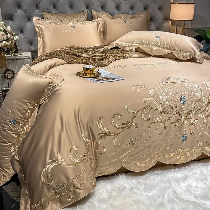 Egyptian cotton bedding set with golden embroidery, SHOWLU FASHION STORE duvet cover and sheet set in king or queen size.