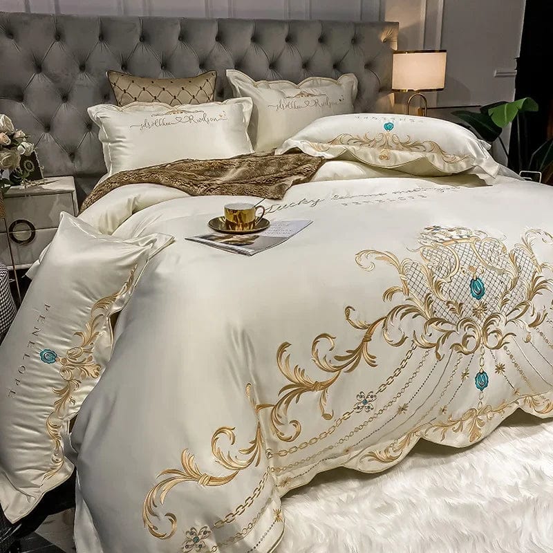Egyptian cotton bedding set with golden embroidery duvet cover and pillowcases, super-soft king and queen size home textile.
