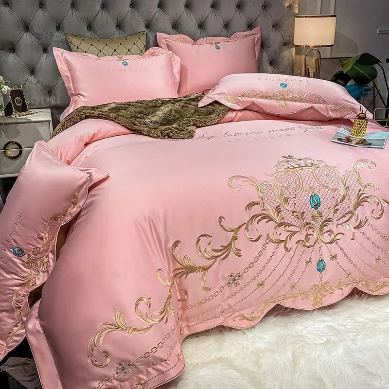 Egyptian cotton bedding set with golden embroidery, duvet cover and sheets, super-soft and luxurious for king and queen sizes.